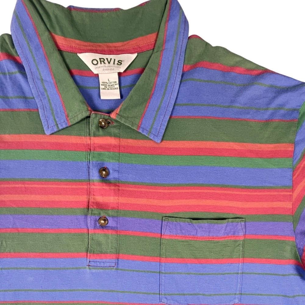 Orvis Polo Shirt Mens L Multi Color Striped Short Slv‎ Pocket 100% Cotton Casual